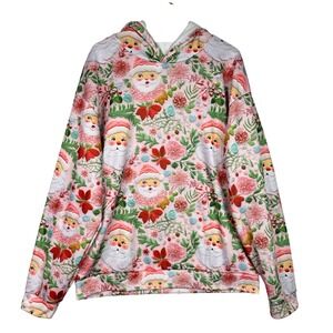 Womens 4XL Festive Santa Floral Print Hoodie Pink Long Sleeve‎ Cozy Christmas